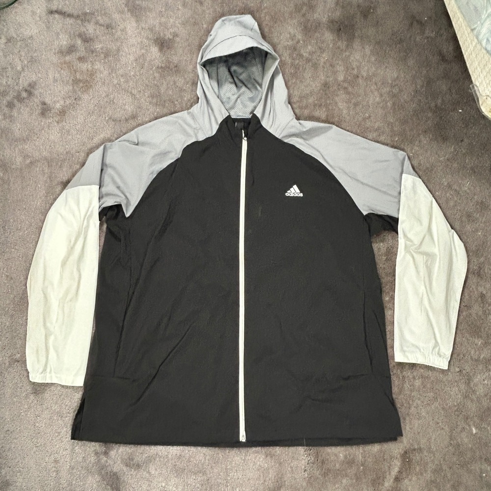 Adidas Black Gray Full Zip‎ Windbreaker Jacket Color Block design raglan sleeves